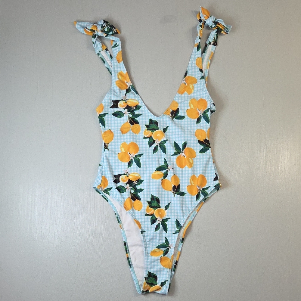 Nasty Gal Gingham and Lemon Tie Shoulder Swimsuit